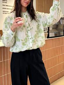 女款休閒花葉滿版印花立領前扣長袖襯衫，商務辦公居家度假適用，春秋冬季款 - 綠色 - 查看 5