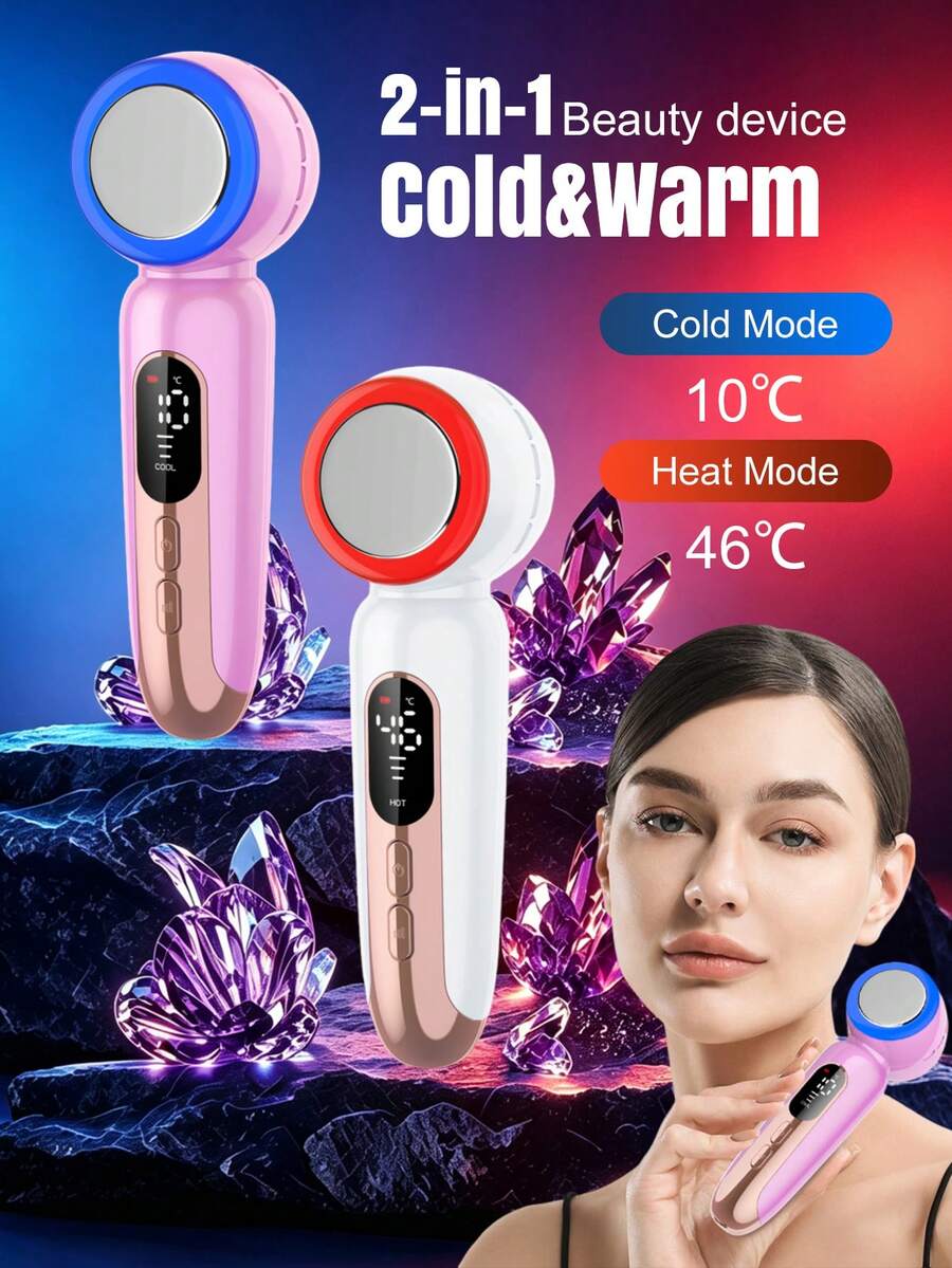 冷熱臉部美容儀 1800mAh 紅藍 LED 光療按摩器，熱敷促進吸收、冷敷收縮毛孔，家用臉部護膚美容工具