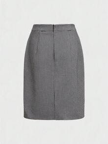 Women's Front Slit Straight Plaid Skirt, Casual Outing Date Commute Autumn Outfit - Black and White - View 6