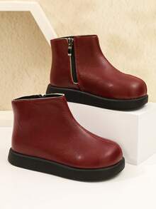 Girls' Burgundy Bow Decor Ankle Boots With Side Zipper, Thick Sole, Round Toe, Versatile Autumn/Winter Children's Shoes - Red - View 1