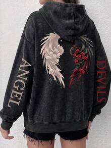 Plus Size Loose Fit Hooded Sweatshirt, Angel And Demon Wings With Red And White Rose Print, Comfortable Pullover - Black - View 2