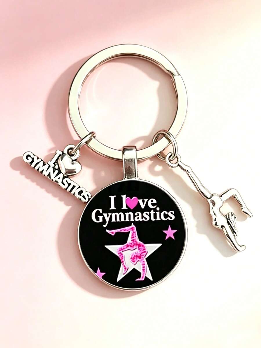 1pc Artistic Gymnastics Pattern Round Keychain Ornament, Free Gymnastics Enthusiast Stainless Steel Round Metal Key Ring, Competition Champion Keychain Pendant, Sports Series Pendant, Daily Matching Outings, Women's Car Key Decoration, Backpack Bag Wallet Charm, Gift. - Multicolor - View 1