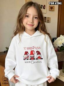 Kids' Christmas Hoodie With Santa Print, Loose Fit Warm Sweatshirt For Winter Holiday Wear & Gift, Festive Style - White - View 3
