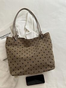1pc Polka Dot Pattern Large Capacity Corduroy Shoulder Tote Bag, Polka Dot Shopping Bag, Mother's Day Gift, Foldable Suitable For School, Work, Travel, Suitable For Graduates, Teenagers, Students, Multi-Layer Design, Suitable For Beach, School, Work And Daily Use - Brown - View 6