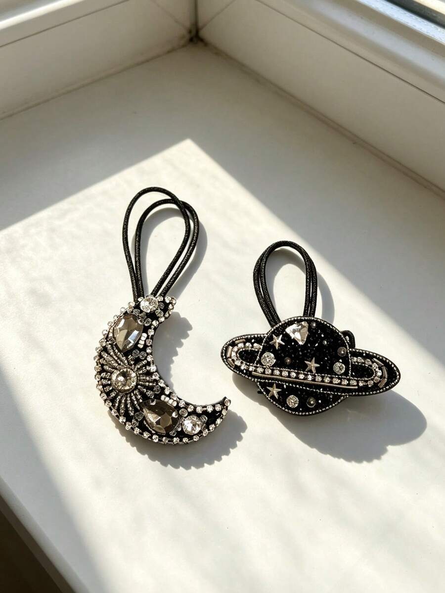 1PC Moon, Ramadan, Planet, Star, Cubic Zirconia, Jupiter, Universe Decorative Pendant, Fashionable Charming Charm, Personalized Cute Backpack Charm, Shoulder Bag Accessory, Tote Bag Charm, Luggage Accessory, Holiday Gift, Car Accessory - Black - View 1