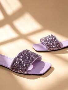 Sandal Selop Datar Ujung Persegi Wanita, Sandal Pantai Kasual Musim Panas Ujung Terbuka Warna Ungu, Tersedia Ukuran Besar - Purple - View 2