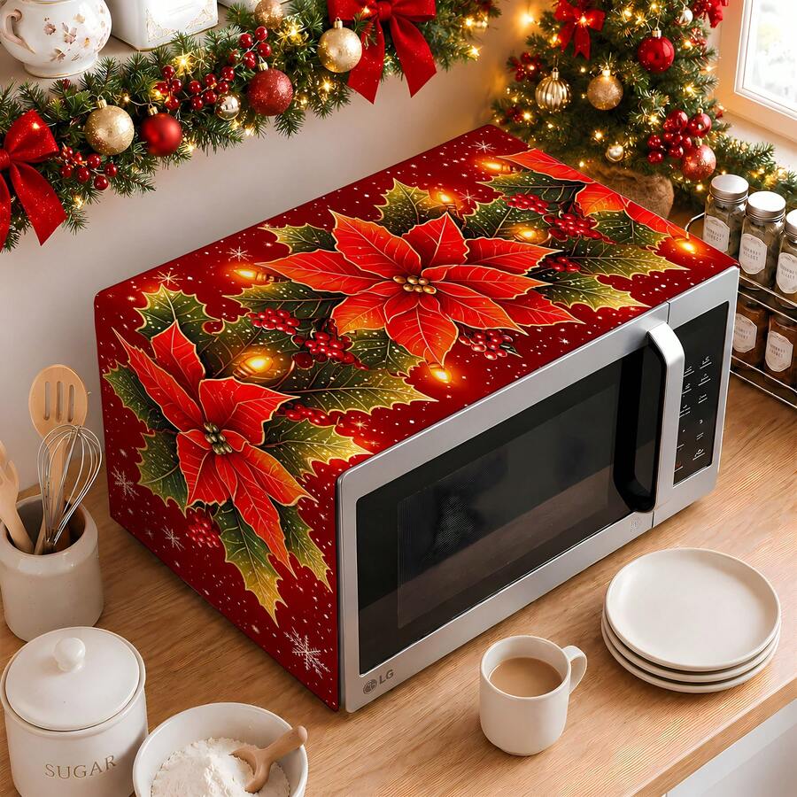 2DFLAT 1PC Polyester Red Base Christmas Microwave Dust Cover, Warm Light Snowflake Holly Red Berry Kitchen Appliance Cover - Multicolor - View 1