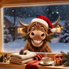 1/3pcs Cute Highland Cow With Christmas Hat Window Sticker, Double-Sided Visible PVC Static Cling Glass Decal, Suitable For Home, Store Window, Holiday Party Decoration - Multicolor - View 2