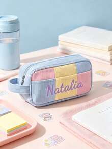 1pc Personalized Custom Name Corduroy Makeup Bag, Large Capacity Macaron Color Block Patchwork Travel Storage Bag With Thickened Handle, Custom Pencil Case, Back To School Gift - Multicolor - View 3