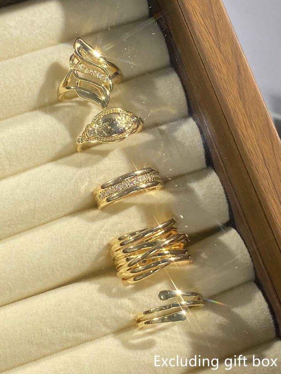 5pcs/Set Vintage Cubic Zirconia Rings, Women's Wedding Anniversary Gift (Gift Box Not Included) - 1# - View 1