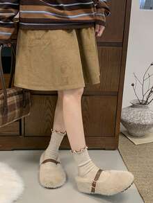Women's Round Toe Fuzzy Flat Shoes, Adjustable Brown Buckle Strap Solid Color Casual Everyday Shoes - Beige - View 6