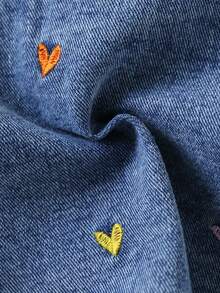 Baby Girl Colorful Heart Embroidered Turn Collar Button Washed Denim Jacket, Children Casual Outerwear - Blue - View 8
