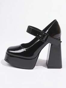 Women's Black Square Toe Mary Jane Pumps With Thick Sole And Chunky High Heel, Buckle Strap, Suitable For Graduation, Prom, Party, Concert - Black - View 2