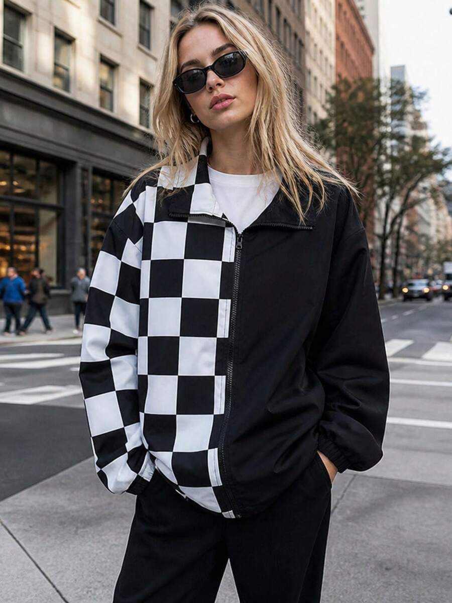 Women's Spring/Autumn Black & White Plaid Stand Collar Zip-Up Jacket, Asymmetric Patchwork Loose Casual Outerwear With Adjustable Drawstring Hem - Black - View 1