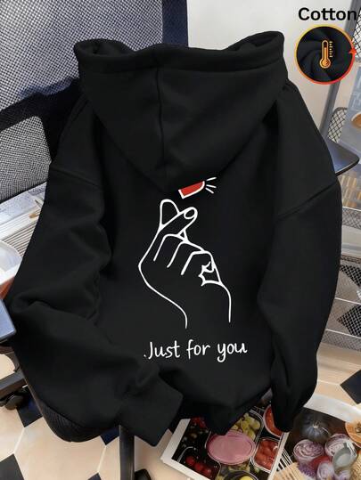 Sweat-shirt à capuche en polaire pour femmes automne-hiver avec imprimé cœur de doigt et "Juste pour toi", noir, manches longues, graphique au dos style Y2K