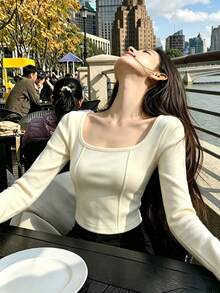 Women's Square Neck Apricot Long Sleeve T-Shirt, Ribbed Dralon Base Layer Top, Autumn/Winter Thermal Lined Thickened Innerwear, Fishbone Stitch - Apricot - View 4
