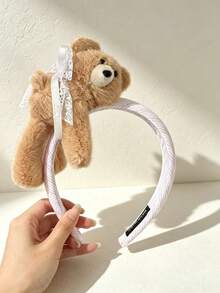 1pc Pink Plush Bear Headband With Lace Bow, Cute Women's Face Wash Headband - Multicolor - View 5