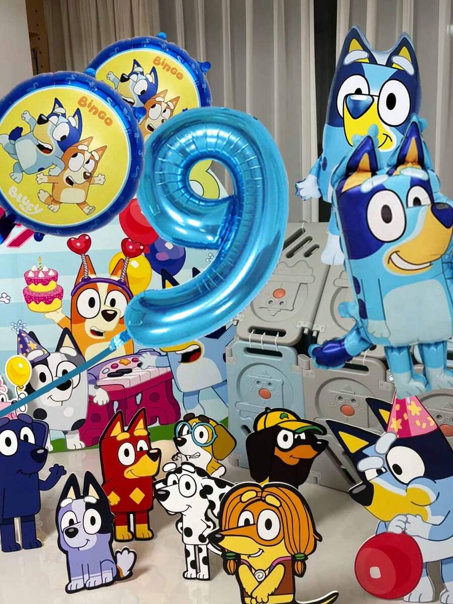 MASSDI Create A Vibrant Themed Party Decor With This All-Around Cartoon Dog Family Balloon Decoration Set, Including 1 Shiny Metallic Blue Number Foil Balloon To Mark Milestone Age - Multiple Styles - View 1