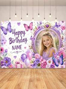1pc Customizable Photo & Name Butterfly Theme Happy Birthday Backdrop, Pink & Purple Gradient Butterfly Floral Heart Gem Sequin Balloon Gift Box Decor Design, Suitable For Theme Birthday Party Cake Smash Background Photography Prop Vinyl - Light Purple - View 3