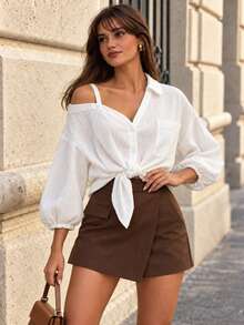 Asymmetric Button Closure Backless Solid Color Casual Long Sleeve Shirt White - White - View 5