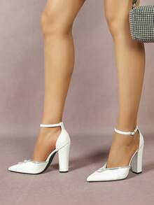 Women's White French Luxury Rhinestone Bow Chunky Heel High Heels With Single Strap Evening Dress Shoes - White - View 6