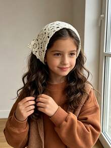 1pc Solid Color Children's Crochet Triangle Headscarf, Hollow Floral ...