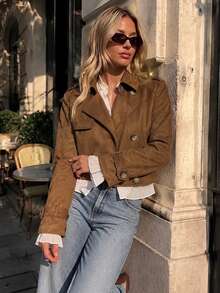 Women's Fall/Winter Y2K Suede Vintage Cropped Jacket - Suitable For Daily Commuting, Work, Halloween/Christmas Festivities, Back-To-School Streetwear - Brown - View 4
