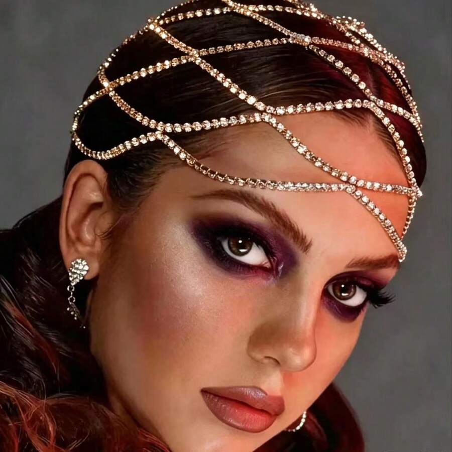 New Hollow Rhinestone Mesh Headpiece Wedding Head Chain Jewelry Women's Luxury Crystal Headband Hair Accessory - Gold - View 1