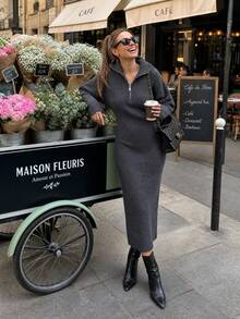 1pc Solid Color Knitted Zipper Women's Sweater Dress, Suitable For Evening Date, Holiday, Office, Autumn/Winter - Dark Grey - View 1