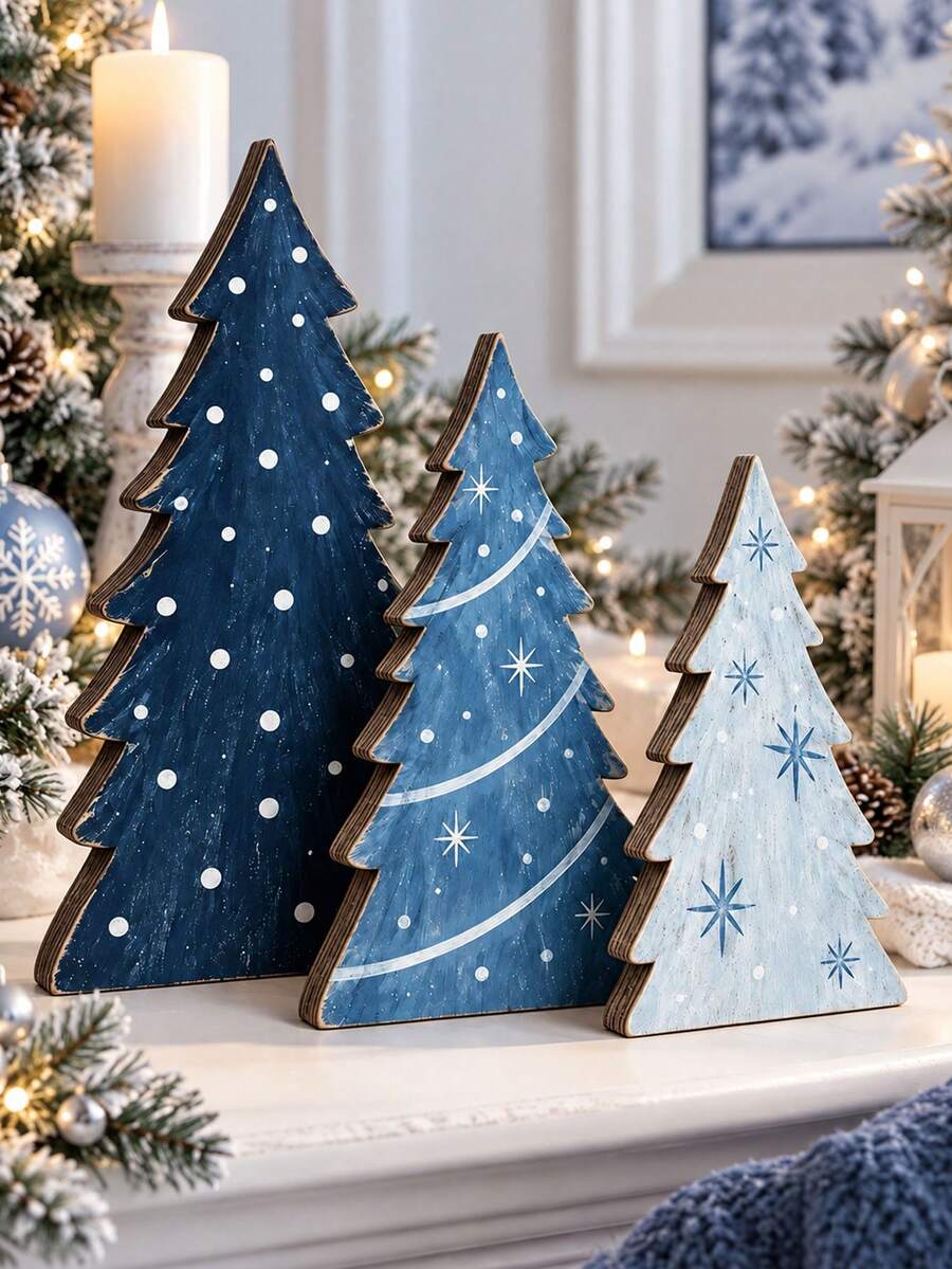 1/3pcs Wooden Christmas Tree Tabletop Decor, Rustic Winter Wonderland Tree Ornaments With Distressed Gradient Blue Finish, Suitable For Mantel, Shelf, Coffee Table, Dining Table, Farmhouse Holiday Home Decor, Christmas Winter Decoration - A - View 1
