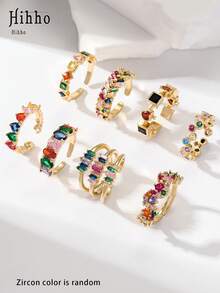 Hihho 1pc Personalized High-End Colorful Zirconia Inlaid Adjustable Rainbow Series Ring, Multiple Styles To Choose From, Elegant Women's Adjustable Ring For Daily Decoration (Zirconia Color Random) - Yellow Gold - View 12