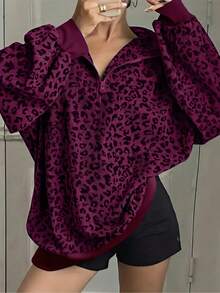 Plus Size Women Leopard Print Half Zip Loose Sweatshirt Casual Vacation Spring Red - Red - View 2