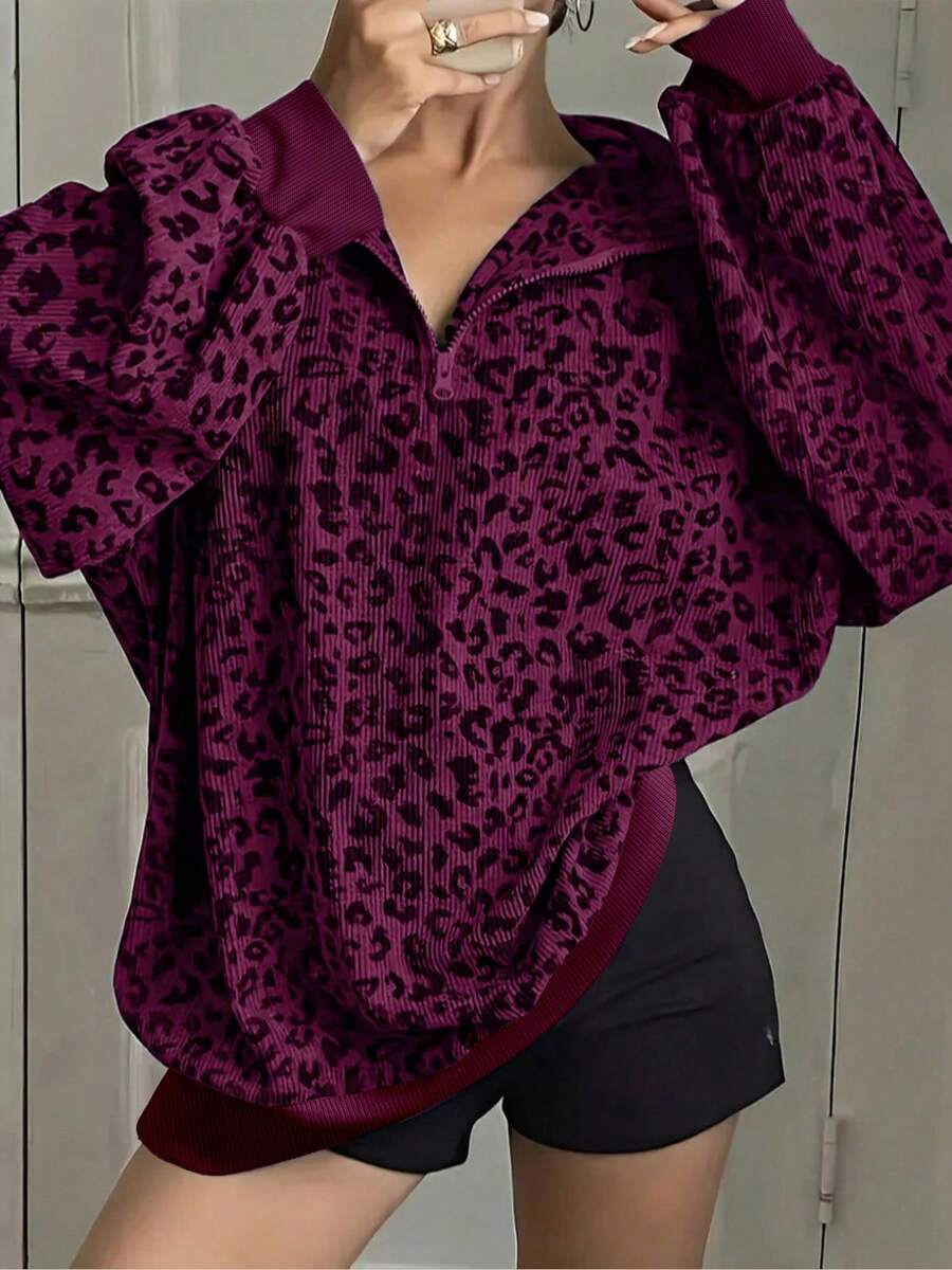 Plus Size Women Leopard Print Half Zip Loose Sweatshirt Casual Vacation Spring Red