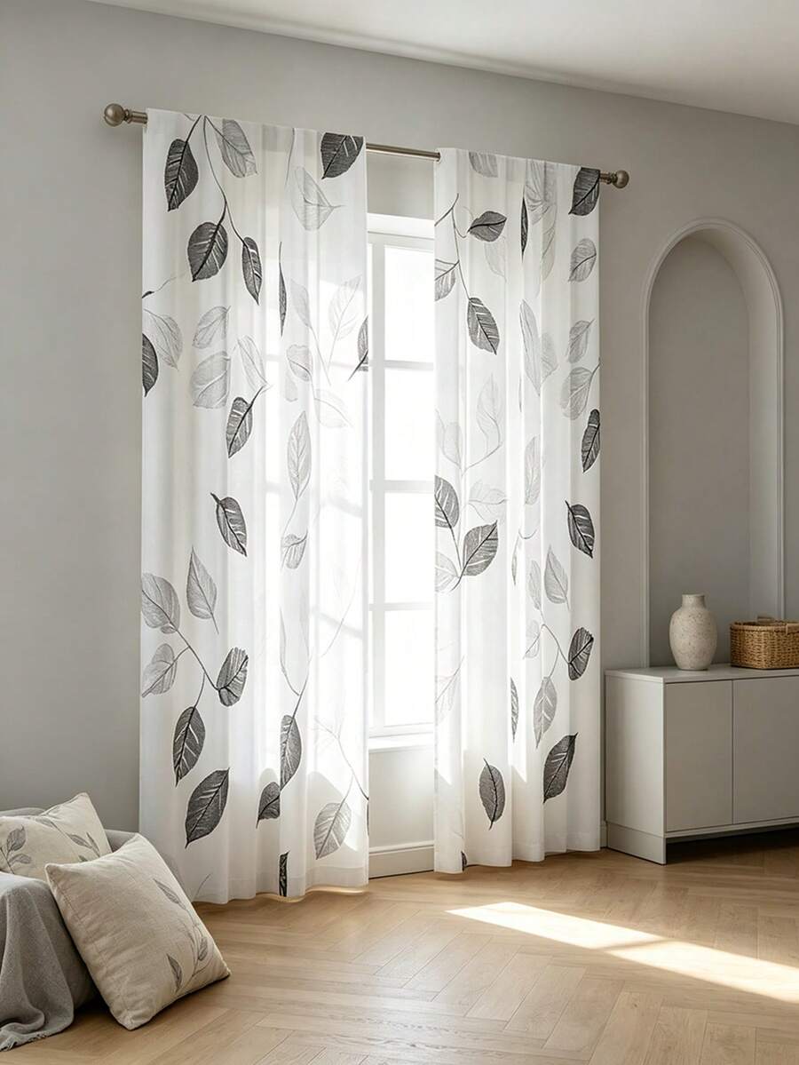2 piezas Cortinas elegantes con patrón de hojas en blanco & negro - Tela de poliéster semitransparente, diseño de bolsillo para barra, adecuadas para sala de estar, dormitorio, cocina, cafetería - Mejoran la luz natural, añaden estilo (Barra de cortina no incluida), Cortinas para sala de estar, Verano