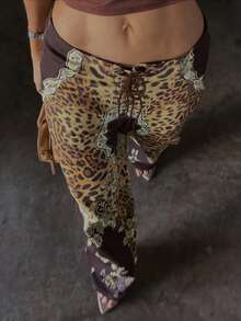 Chic Fall Women's Cheetah Print Long Pants With Floral Accents And Lace-Up Waist, Comfortable Polyester Straight Cut - Brown - View 3