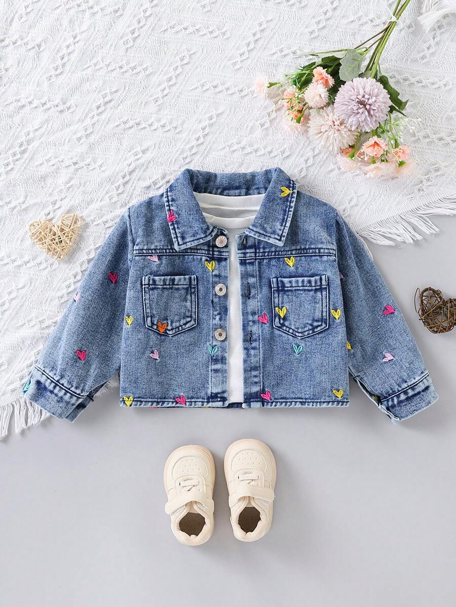 Baby Girl Colorful Heart Embroidered Turn Collar Button Washed Denim Jacket, Children Casual Outerwear - Blue - View 1