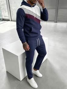 Men's Business Color Block Hoodie And Pants Set - Multicolor - View 1