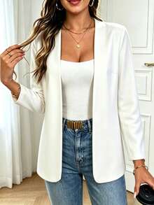 Plus Size Women's Solid Color Open Front Blazer Casual Long Sleeve Coat - White - View 2