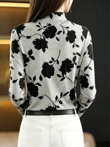 Vintage Lazy Casual American Style Personalized Print Autumn/Winter New High-End Ice Silk Slimming Semi-High Neck Long Sleeve T-Shirt - Dark Grey - View 2