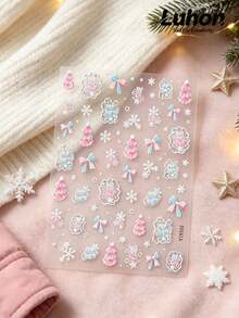 1Set, Metal Phone Stickers, Journaling Supplies, Scrapbook Stickers, Aesthetic Soft Pastel Christmas Themed Decorative Decals, Clear Die Cut, Pink Blue Tree Bow Snowflake Pattern, For Phone Surface, Laptop, Camera, Gift Package, Tablet Decor - Blue and Pink Bow - View 1