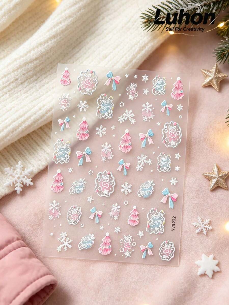 1Set, Metal Phone Stickers, Journaling Supplies, Scrapbook Stickers, Aesthetic Soft Pastel Christmas Themed Decorative Decals, Clear Die Cut, Pink Blue Tree Bow Snowflake Pattern, For Phone Surface, Laptop, Camera, Gift Package, Tablet Decor - Blue and Pink Bow - View 1