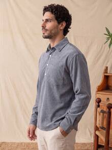 glestore Men's Vintage Corduroy Long Sleeve Button-Down Shirt, Suitable For All Seasons, Casual & Fashionable - Grey - View 4