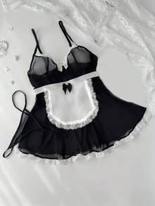 3件套性感女仆装，蕾丝边睡裙，女仆围裙和丁字裤 - 黑色 - 查看 7