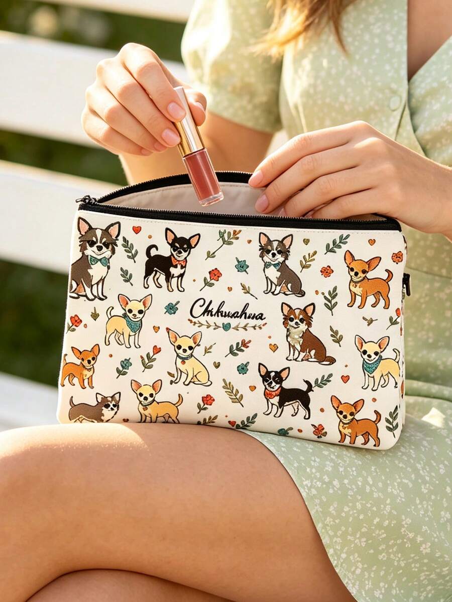 Cute Cat & Dog Print Makeup Bag/Toiletry Bag/Storage Bag - Machine Washable, Featuring Adorable Animal Patterns And Minimalist Style; Perfect For Gym Or Daily Use, Also An Ideal Holiday Gift. - Multicolor - View 1