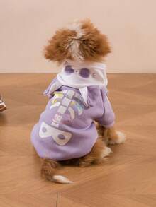 LUCKIE PAL 1pc Halloween Cartoon Pet Hooded Sweatshirt, Space Skeleton Ribs Planet Rocket Cat Print, Thin Breathable Spring Autumn Dog Clothes, Suitable For Small And Large Dogs And Cats, Indoor And Outdoor - Purple - View 7