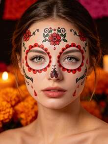 4pcs Day Of The Dead Temporary Face Tattoo Stickers, Sugar Skull Floral Cross Bird Candle Spider Web Face Decals, Colorful Mexican Festival Face Stickers, Suitable For Day Of The Dead, Party Makeup - Multicolor - View 4