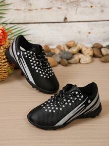 Boys' Star Stripe Studded Soccer Shoes, Lace-Up Non-Slip Kids' Sports Field Training Football Shoes - Black - View 1