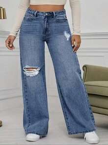 Plus Size Y2K Distressed Mom Fit Jeans For Women Extra Long Woven Non-Stretch Denim With Pockets, Vintage Grunge Style - Blue - View 2