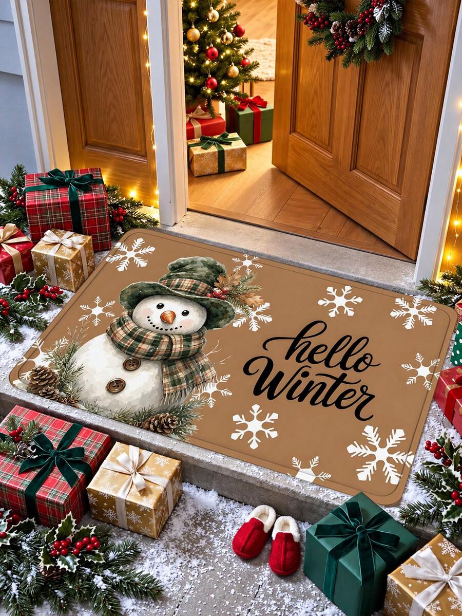 1pc 3D Embossed Anti-Slip Winter Snowflake Christmas Snowman Doormat, Essential Christmas Decoration, Suitable For Entryway, Study, Bedside, Floor Mat, Outdoor, Easy To Clean, Anti-Slip, Quick Drying, All Season Use, Machine Washable