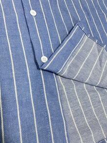 Cotton Men's Mandarin Collar Striped Long Sleeve Shirt, Business Casual Wear For Daily Commute - Blue - View 3